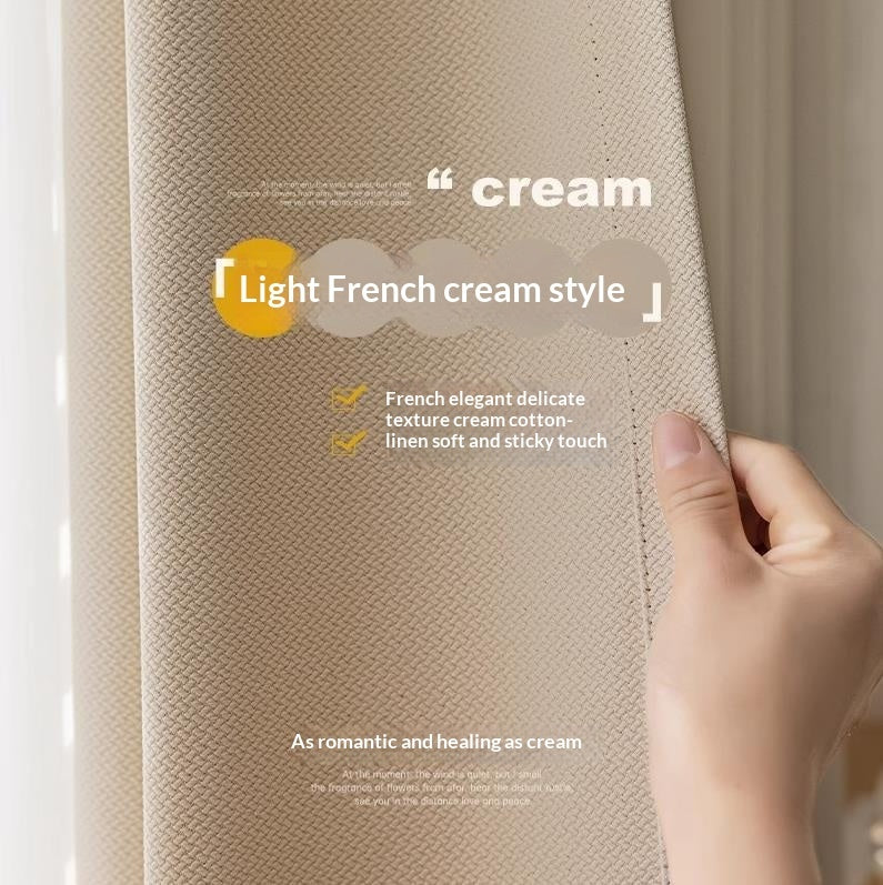 Textured cream fabric with a hand touching it, labeled 'Light French cream style'.