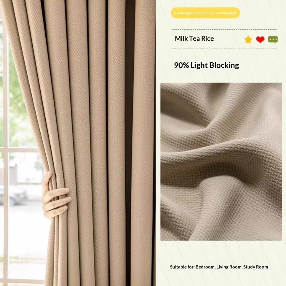 Beige curtains with a close-up of fabric texture and product details on the right.