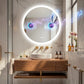 Bathroom with wooden vanity, round illuminated mirror, and various toiletries.