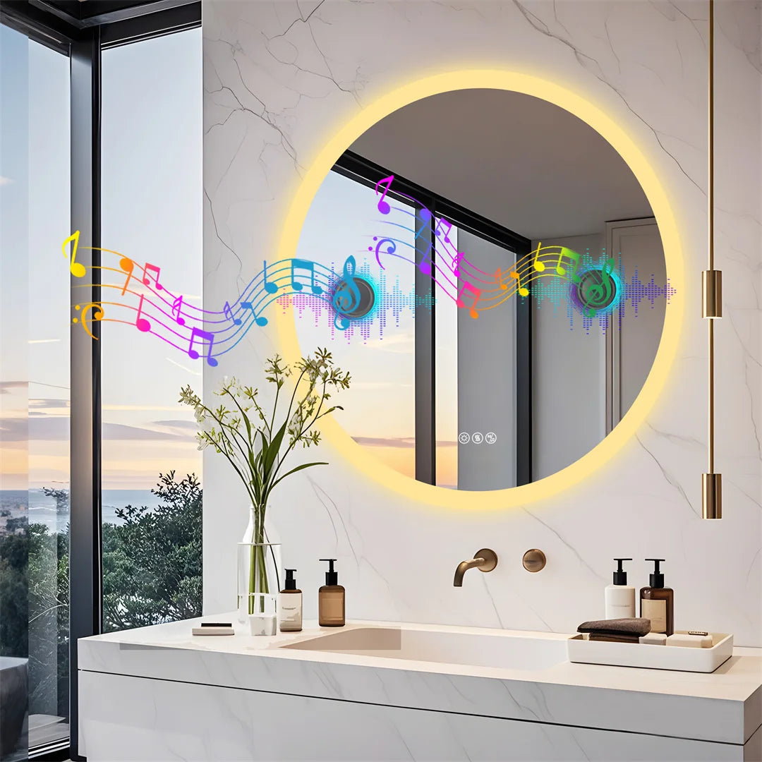 Bathroom vanity with a round illuminated mirror, decorative elements, and a view of trees outside.