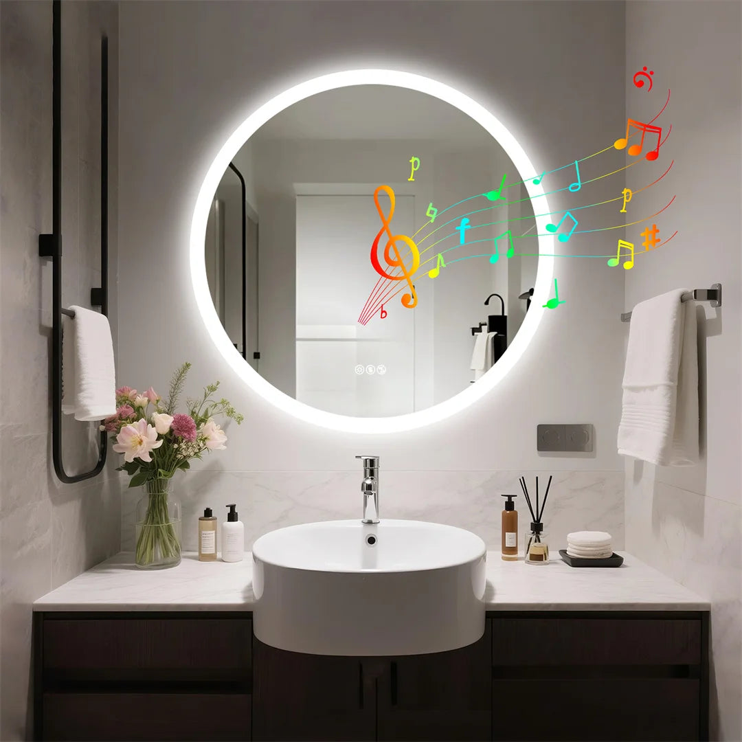 Bathroom vanity with round mirror, sink, and decorative elements.