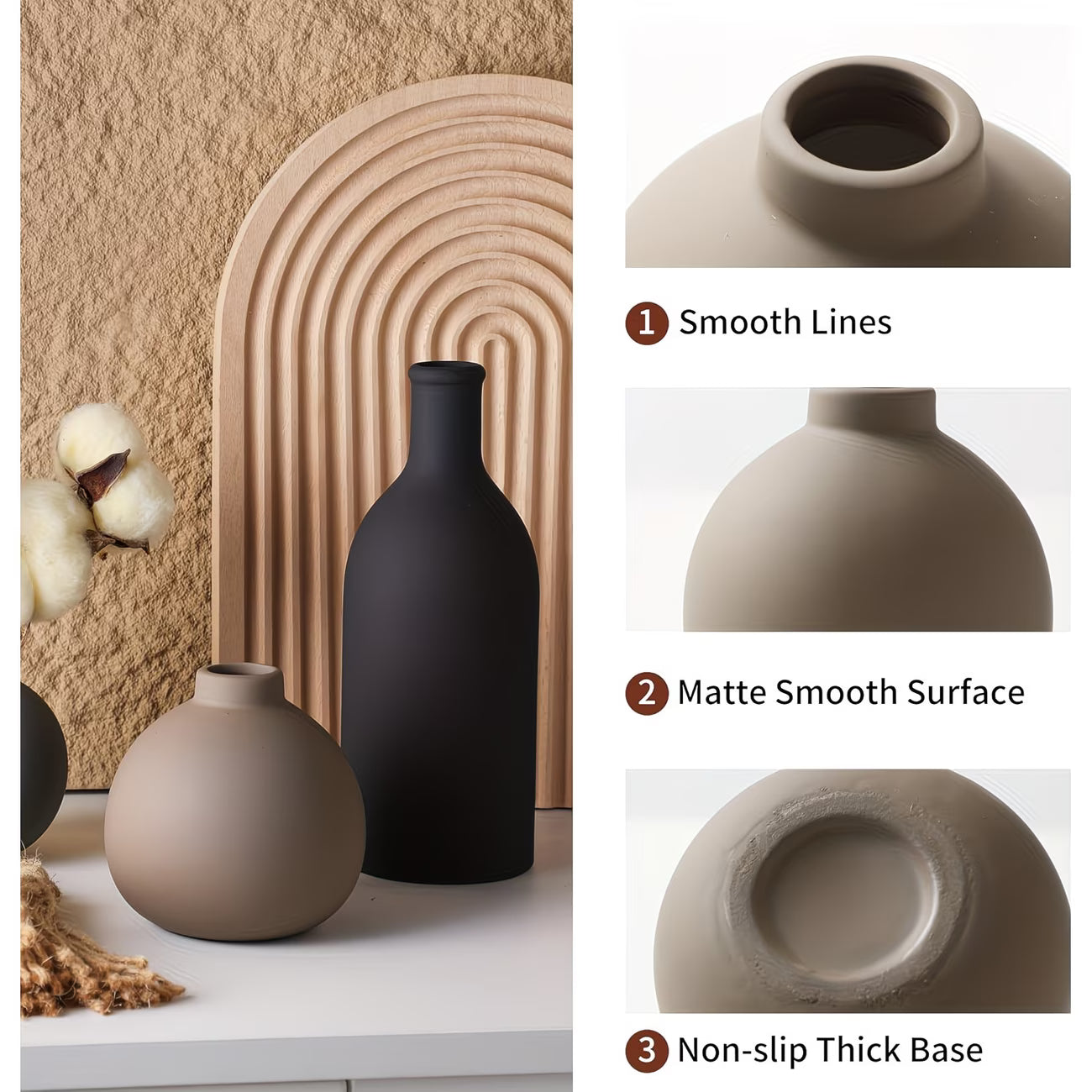 Collection of ceramic vases with smooth lines, matte finish, and non-slip base on a neutral background.