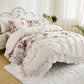 Floral patterned bedding set on a bed in a bright bedroom