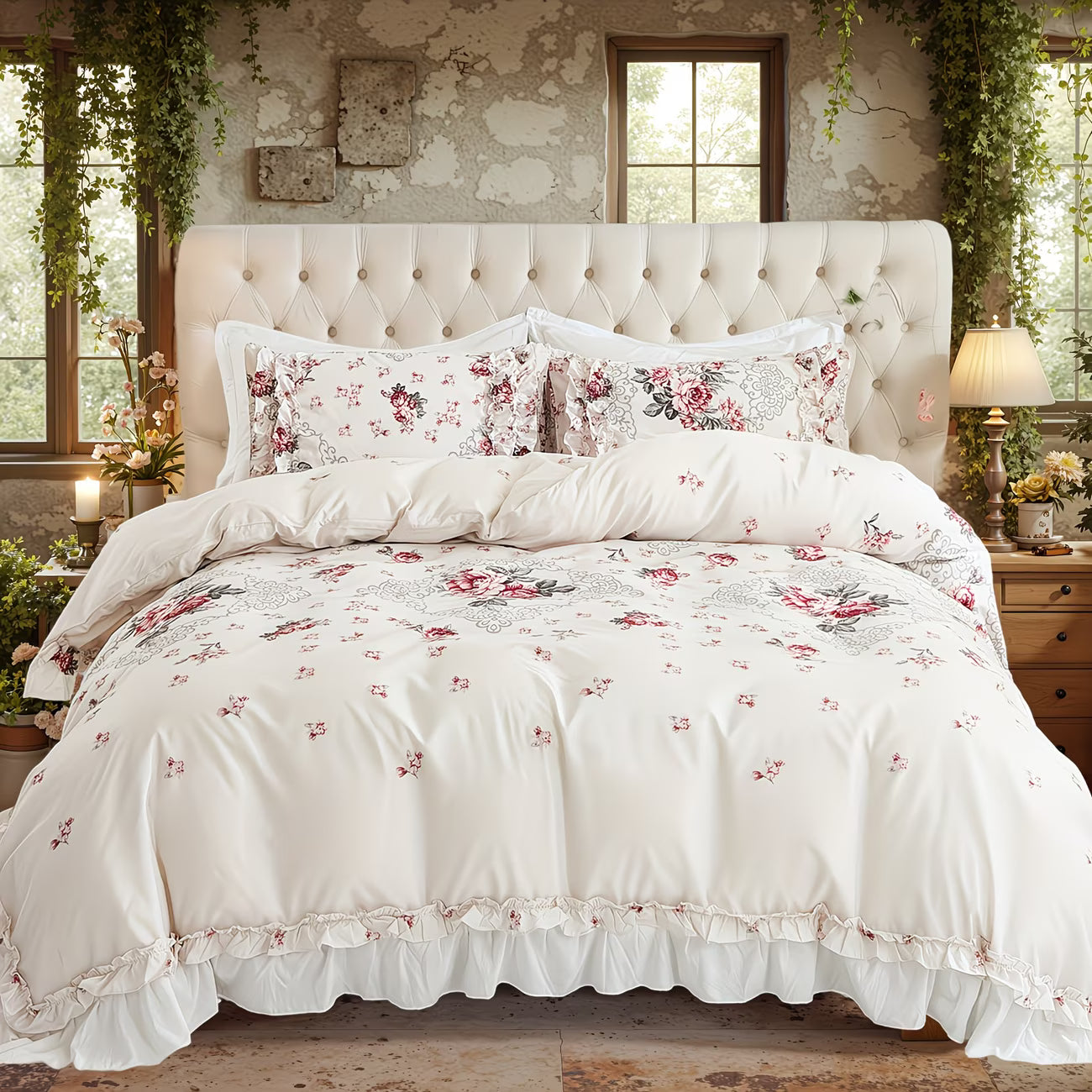 Floral bedding set on a bed with a tufted headboard in a decorated room.
