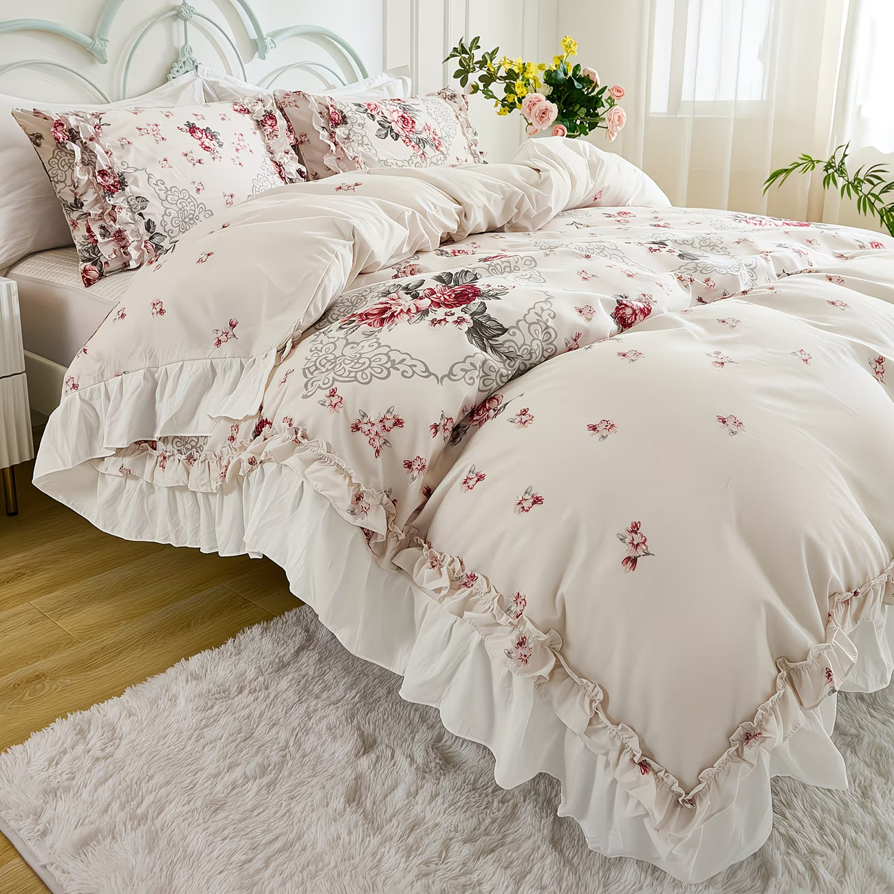 Floral bedding set on a bed in a bright bedroom