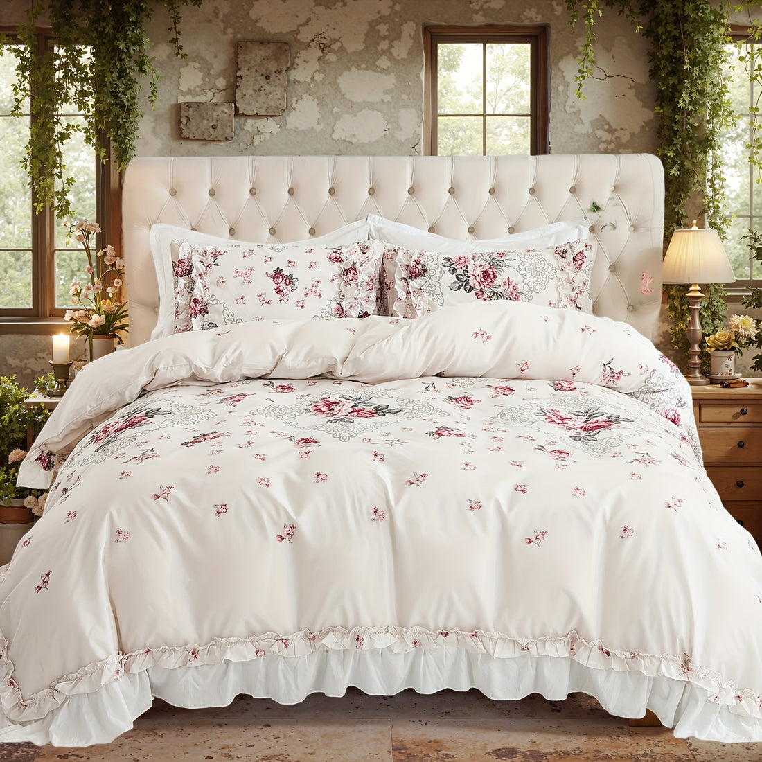 Floral bedding set on a bed with a tufted headboard in a decorated room.