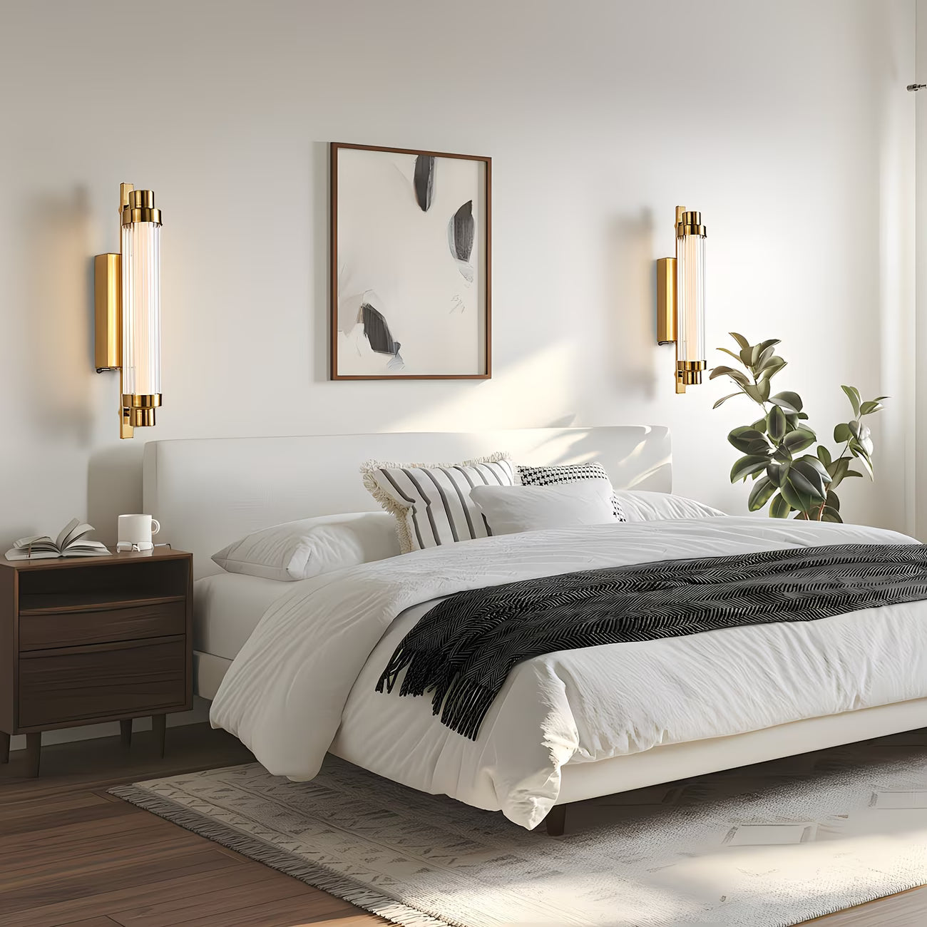 Modern bedroom with a bed, nightstands, and wall art.
