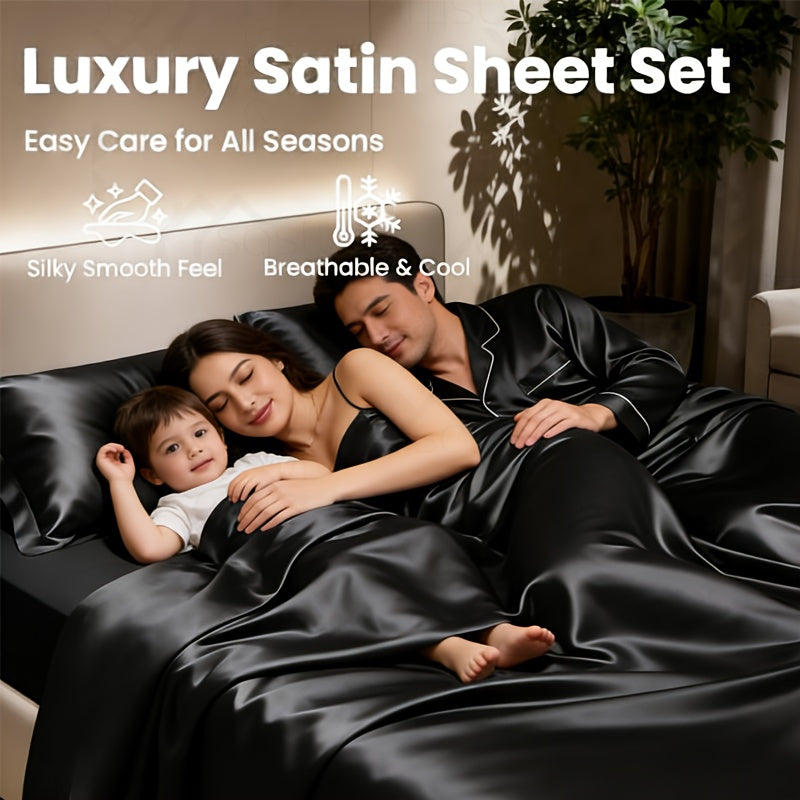 Family lying on a bed with a luxury satin sheet set, surrounded by plants.