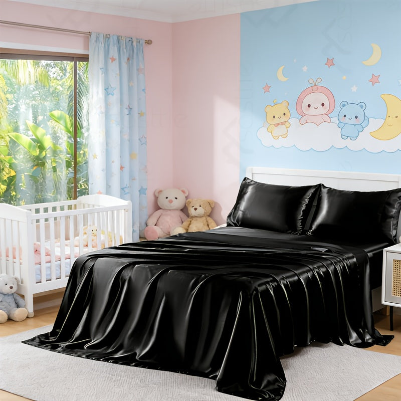 Children's bedroom with black satin sheet on bed, teddy bears, and wall mural.