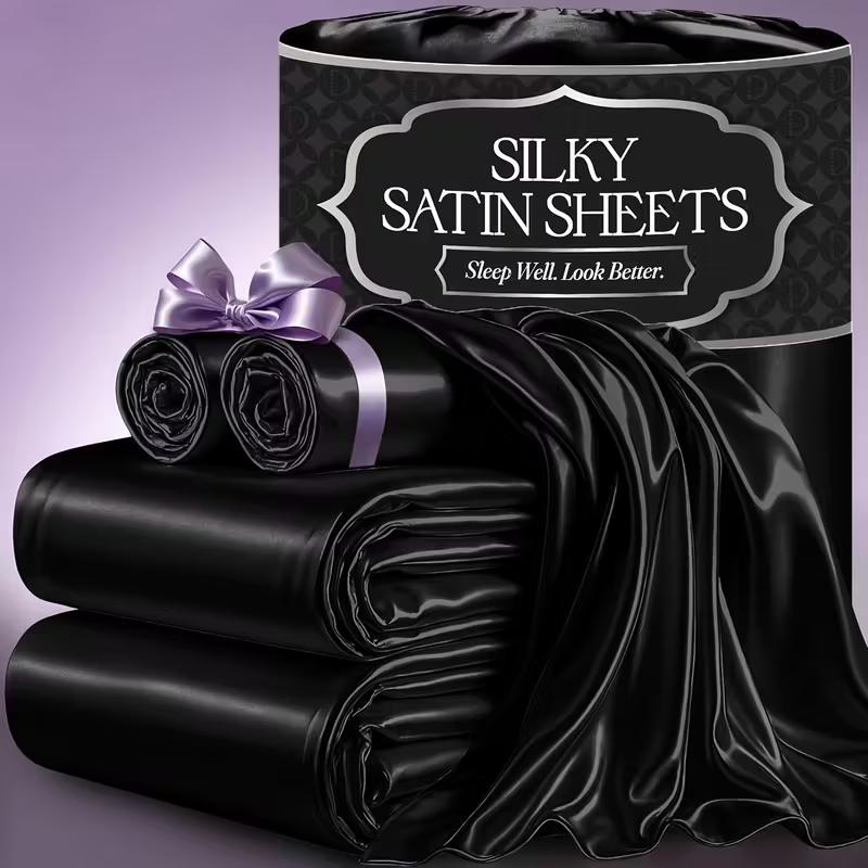 Black satin sheets with packaging on a purple background