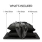 Black satin bedding set with labeled components on a white background