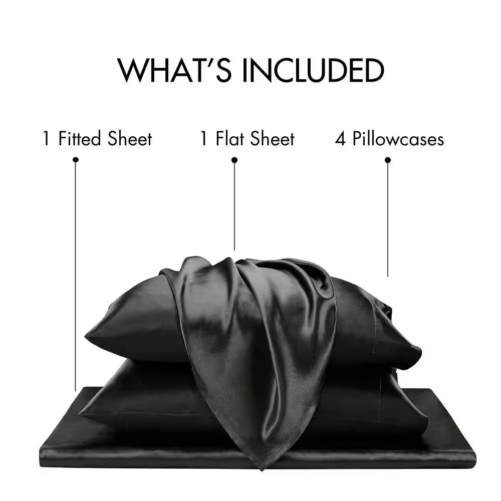 Black satin bedding set with labeled components on a white background