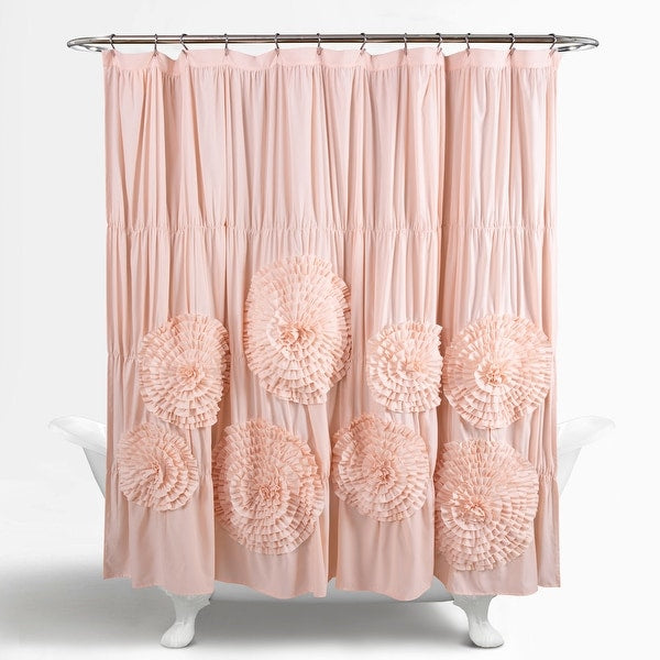 Pink shower curtain with floral patterns on a white background