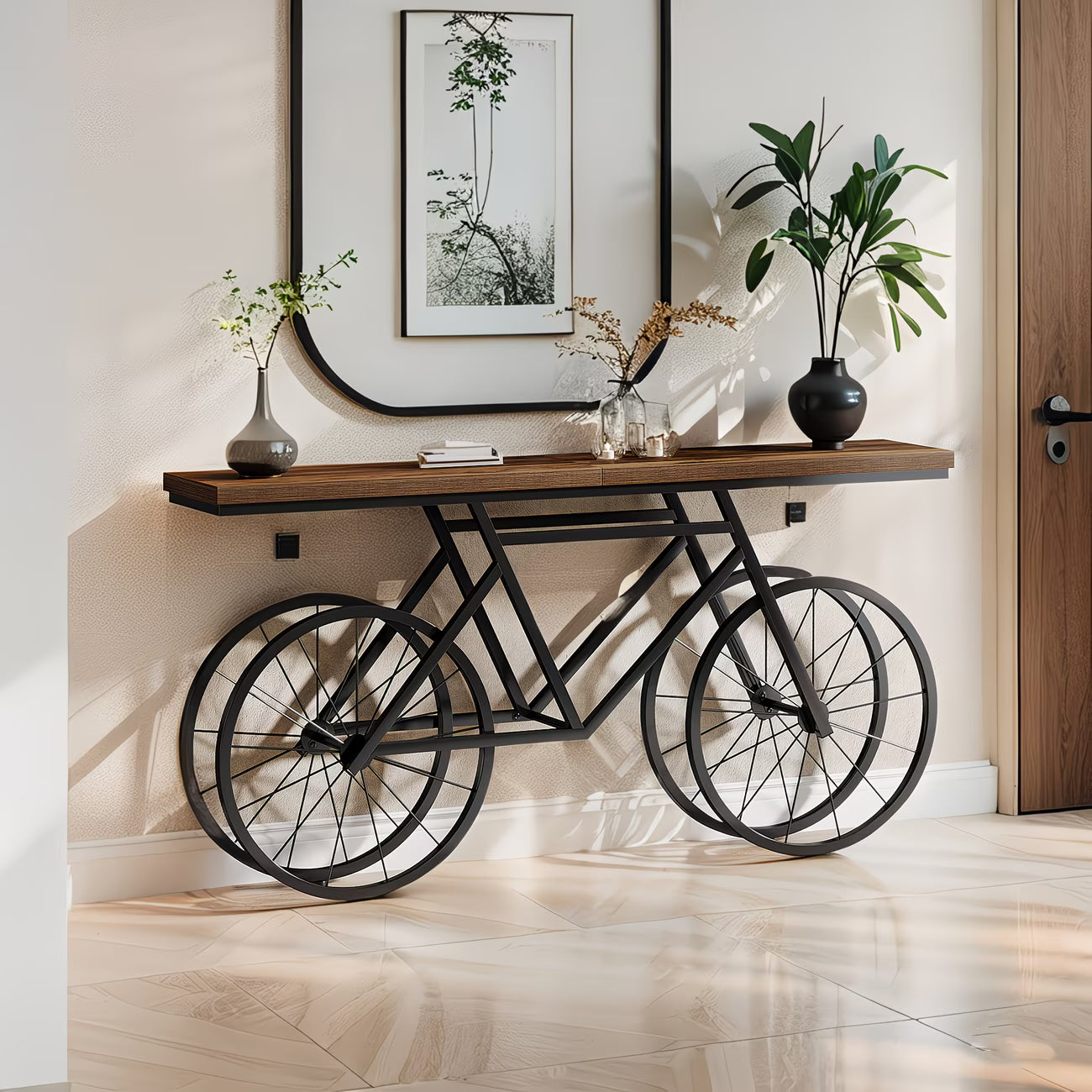Bicycle-shaped console table with decorative items in a modern interior setting