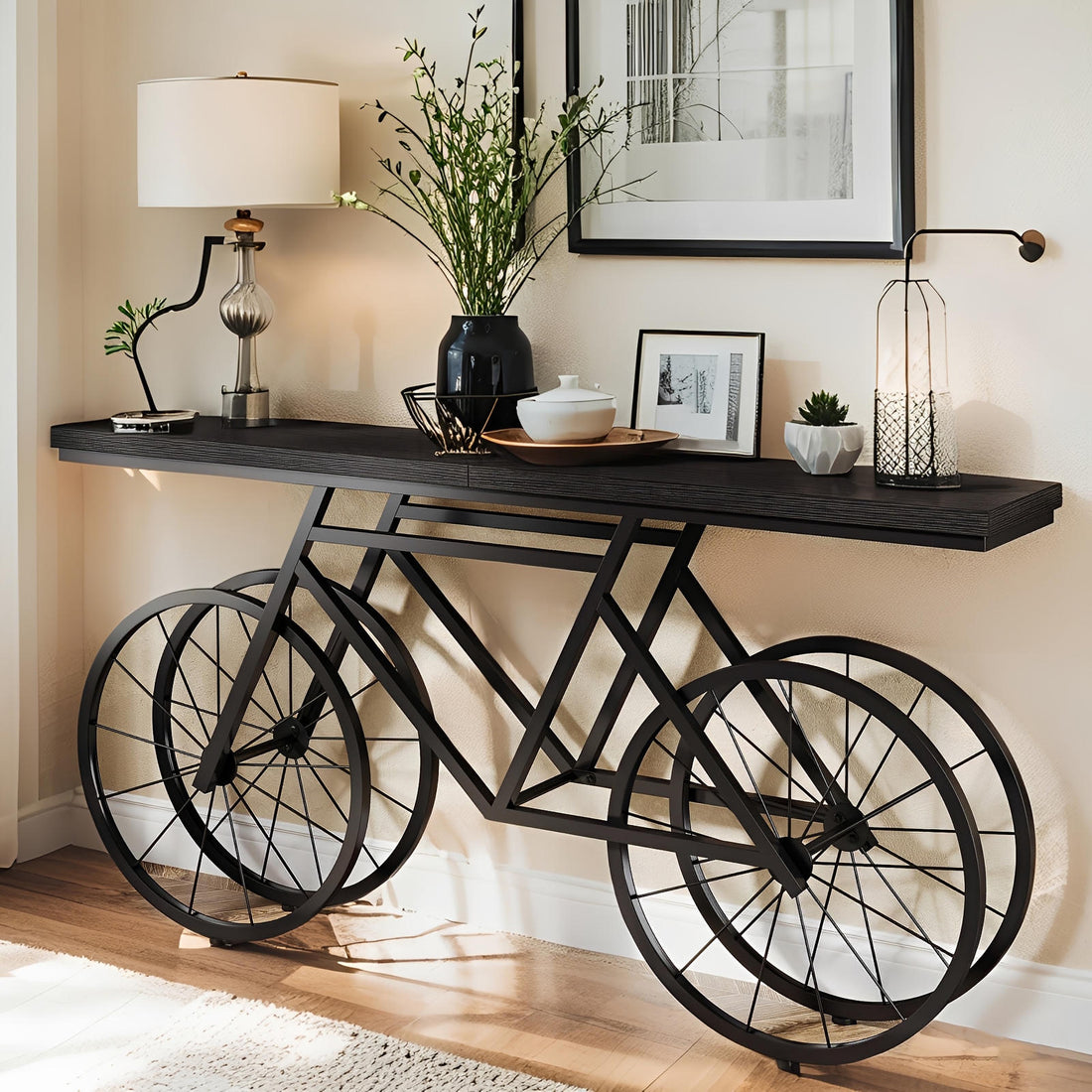 Bicycle-shaped console table with decorative items in a room setting