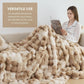 Woman reading a magazine under a fluffy blanket with text about its versatile use.