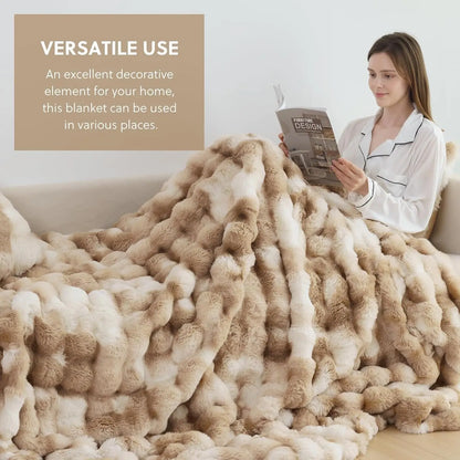 Woman reading a magazine under a fluffy blanket with text about its versatile use.
