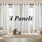 White curtains with '4 Panels' text in a living room setting