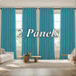Two turquoise curtains hanging in a living room with '2 Panels' text overlay.