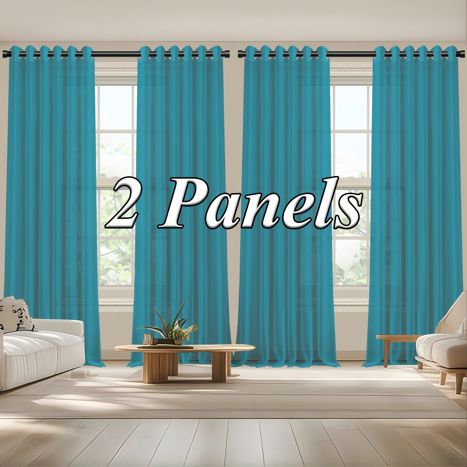 Two turquoise curtains hanging in a living room with '2 Panels' text overlay.