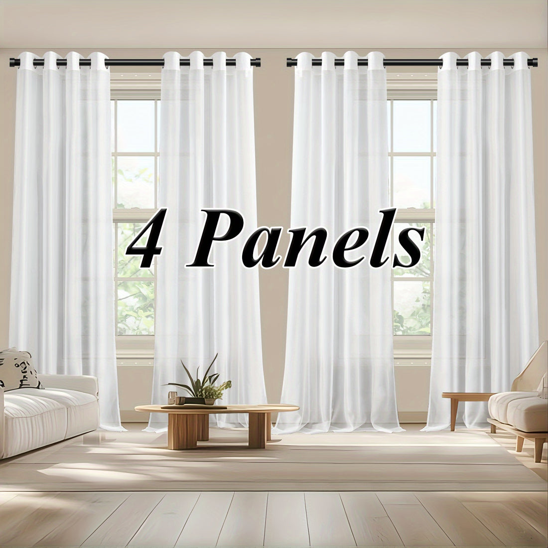 White curtains with '4 Panels' text in a living room setting