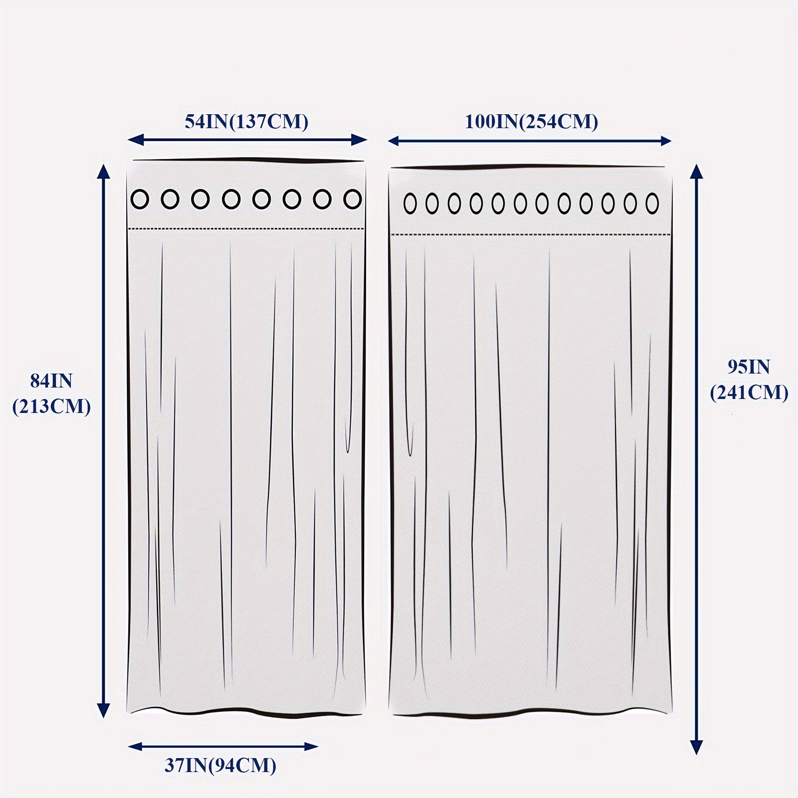 Measurement chart of a curtain with dimensions labeled in inches and centimeters.