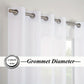 White curtains with grommets on a window, showing grommet diameter measurement.