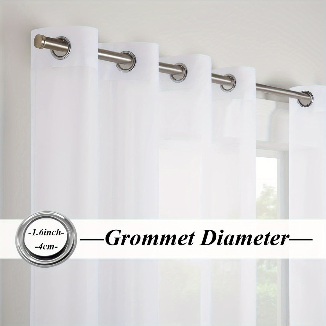 White curtains with grommets on a window, showing grommet diameter measurement.