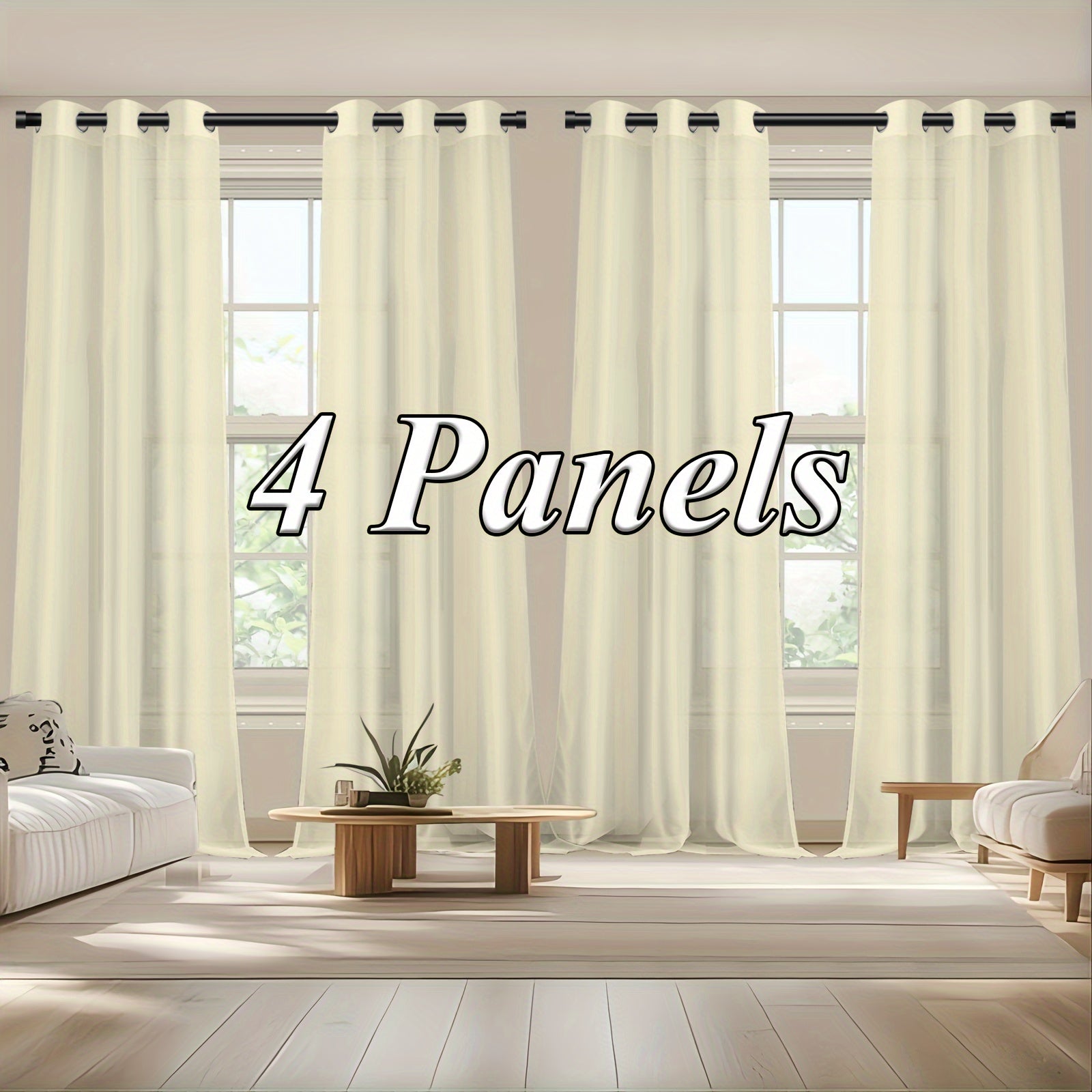Four white curtains hanging in a living room with '4 Panels' text overlay.