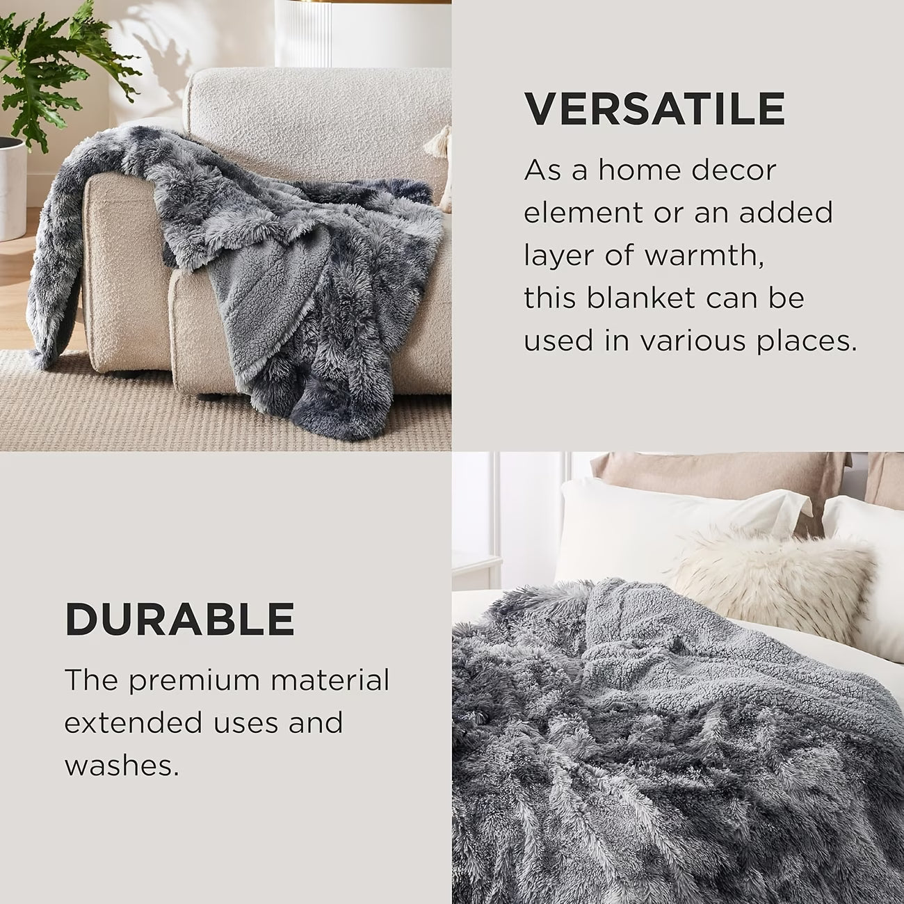 Gray blanket draped over a couch with text highlighting its versatility and durability.