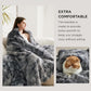 Woman and cat under a fluffy gray blanket with text about comfort and warmth.