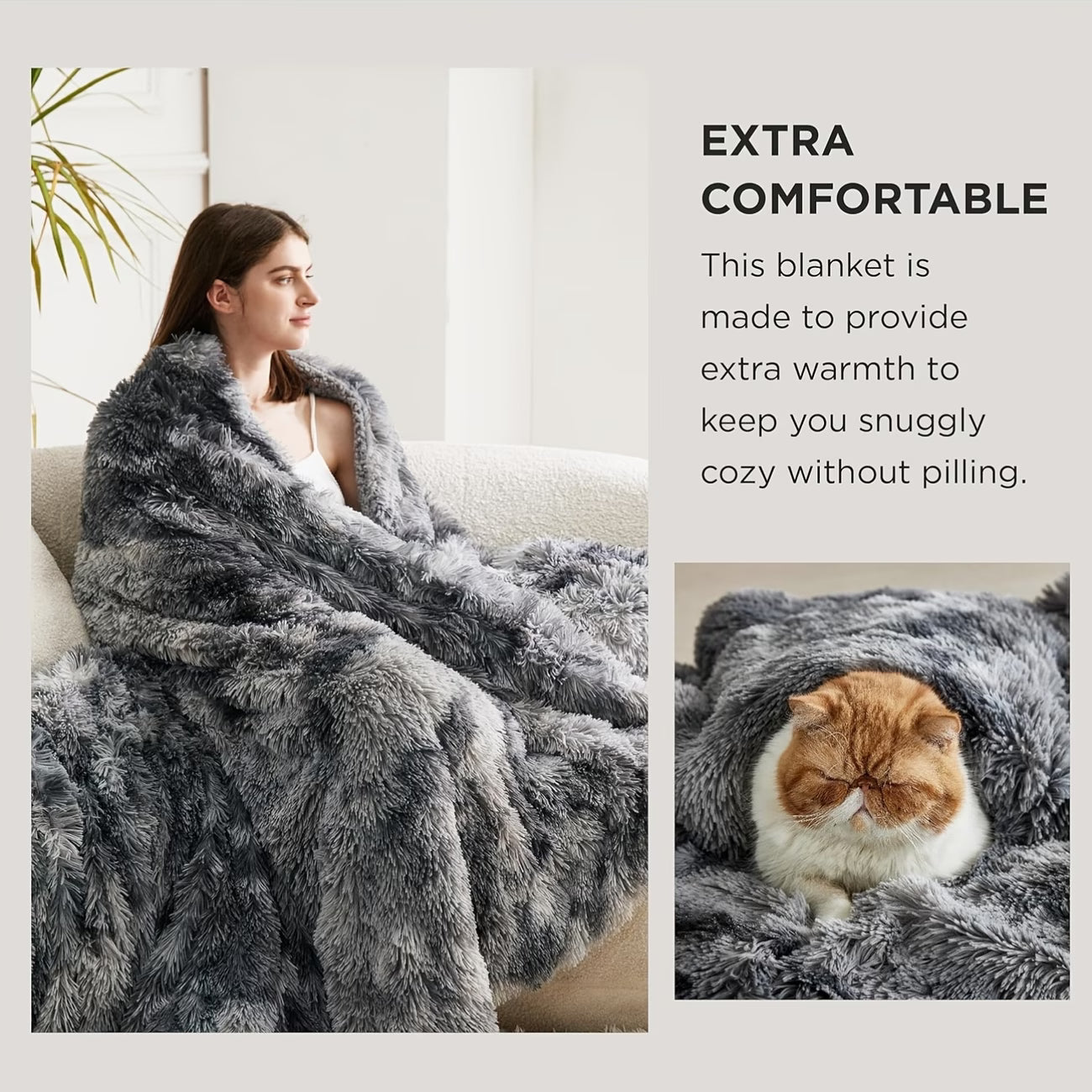 Woman and cat under a fluffy gray blanket with text about comfort and warmth.