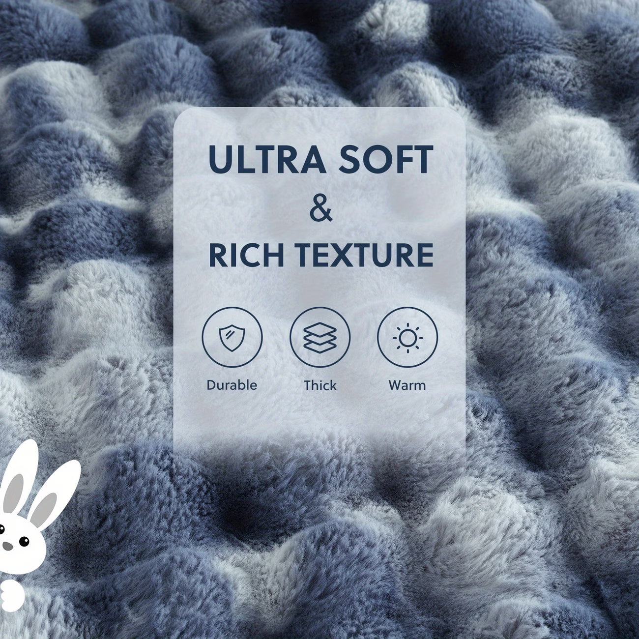 Textured fabric with 'Ultra Soft & Rich Texture' label and icons indicating durability, thickness, and warmth.