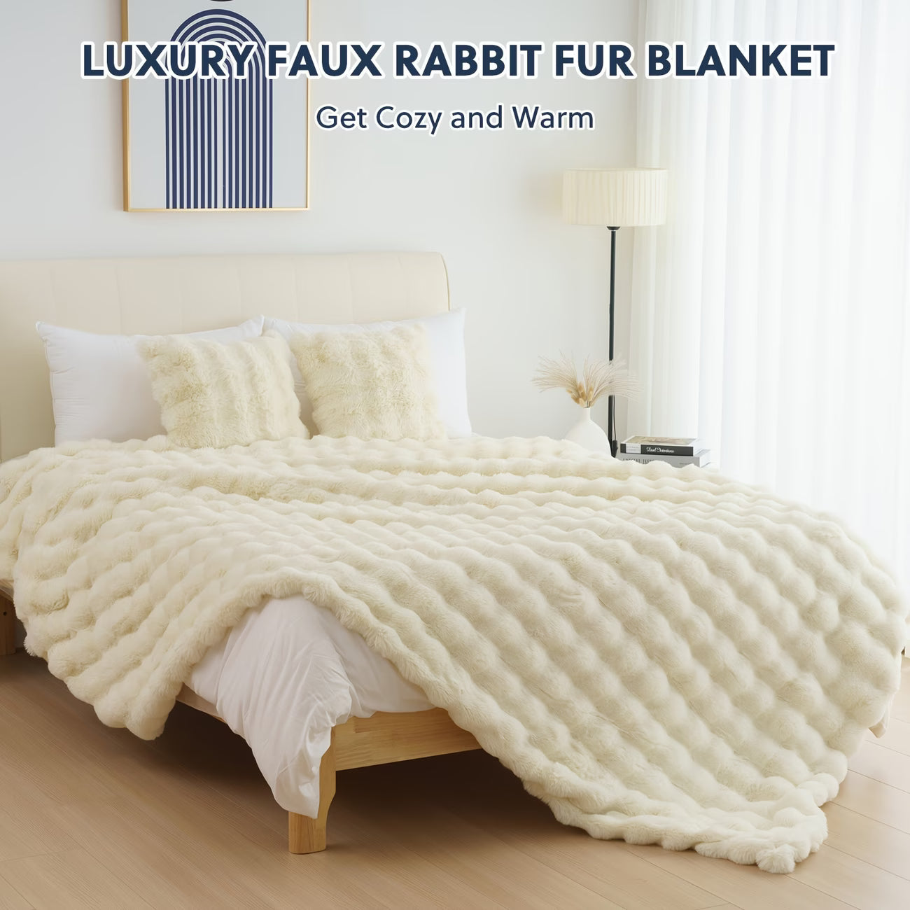 Luxury faux rabbit fur blanket on a bed with text 'Luxury Faux Rabbit Fur Blanket' and 'Get Cozy and Warm'.