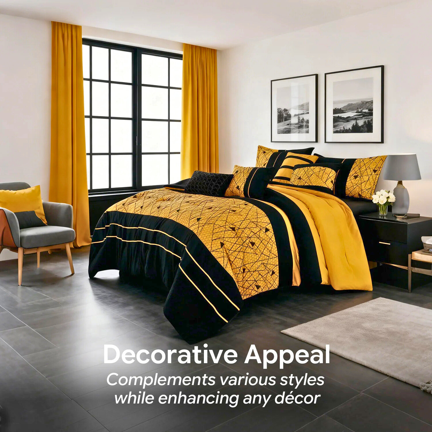 Modern bedroom with yellow and black bedding set, gray chair, and large windows.