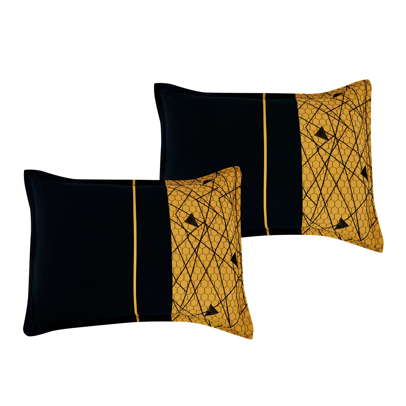 Two black and gold patterned pillows on a white background