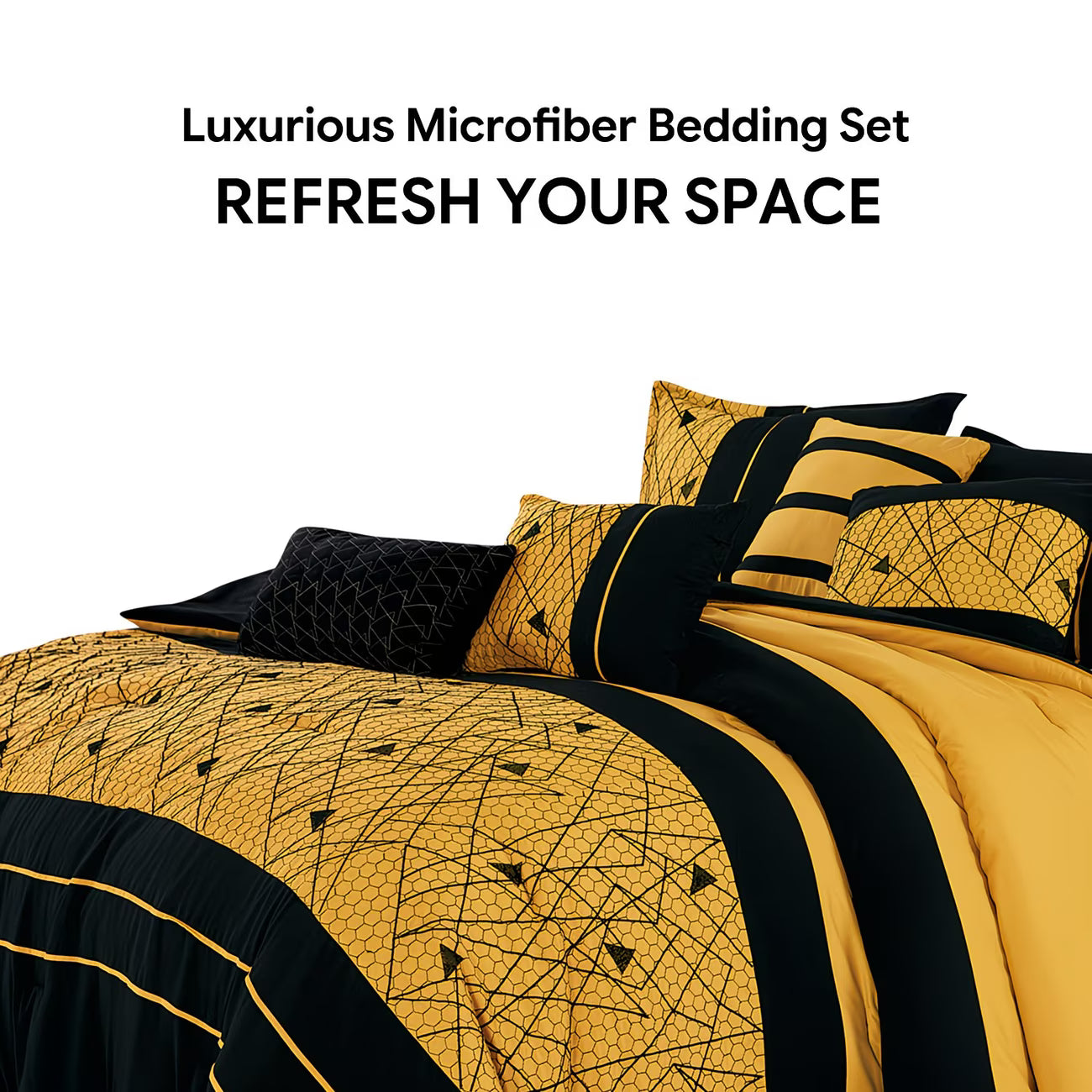 Luxurious black and gold bedding set with geometric patterns on a white background.