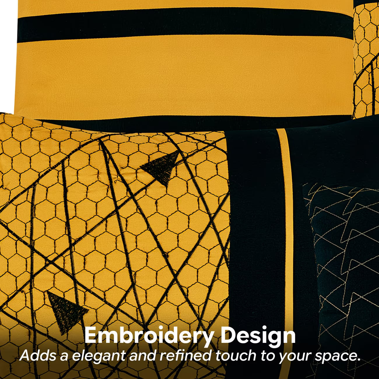 Close-up of a yellow and black embroidered design on fabric.