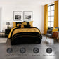 Modern bedroom with yellow and black bedding set, gray chair, and large windows.