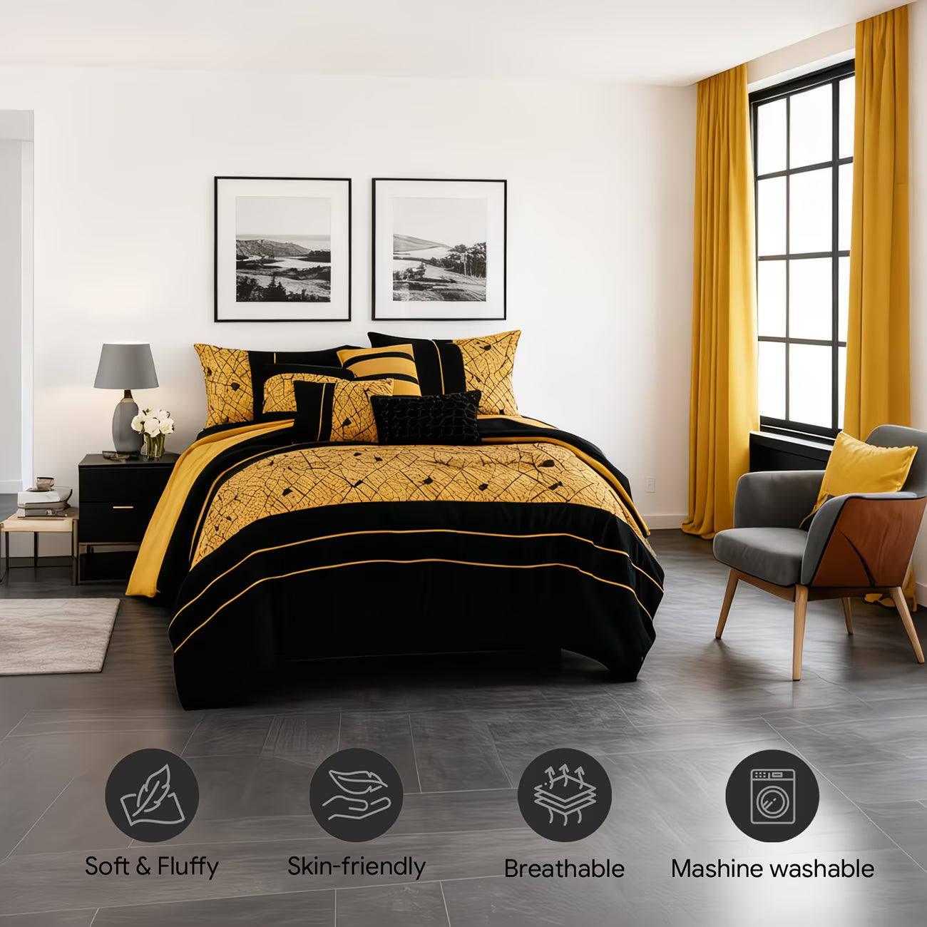 Modern bedroom with yellow and black bedding set, gray chair, and large windows.