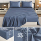 Blue bedspread on a bed with additional features highlighted in smaller images.
