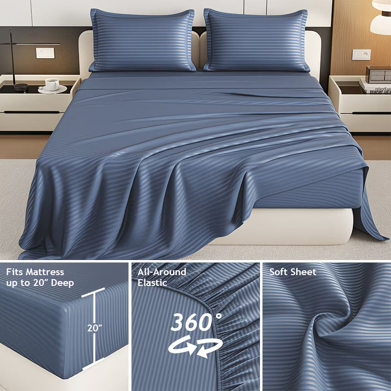 Blue bedspread on a bed with additional features highlighted in smaller images.