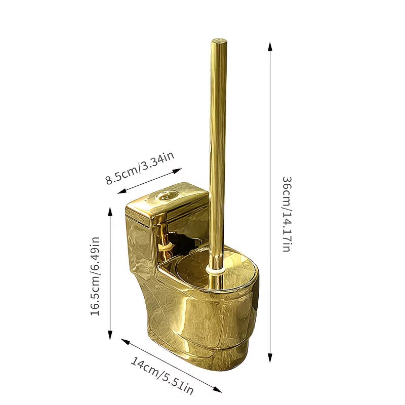 Gold toilet brush and holder with dimensions on a white background