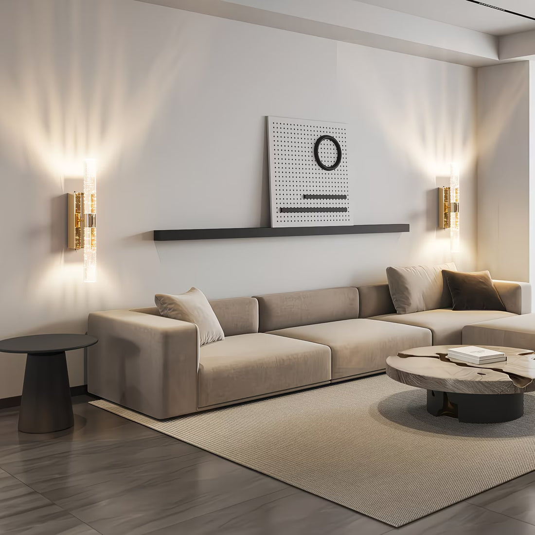 Modern living room with a beige sectional sofa, coffee table, and wall art.