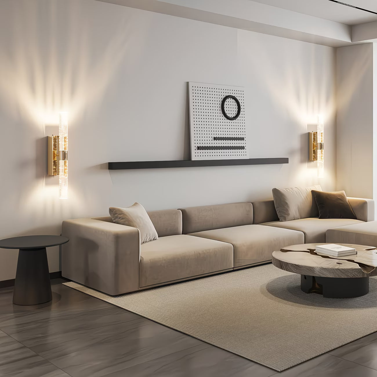 Modern living room with a beige sectional sofa, coffee table, and wall art.