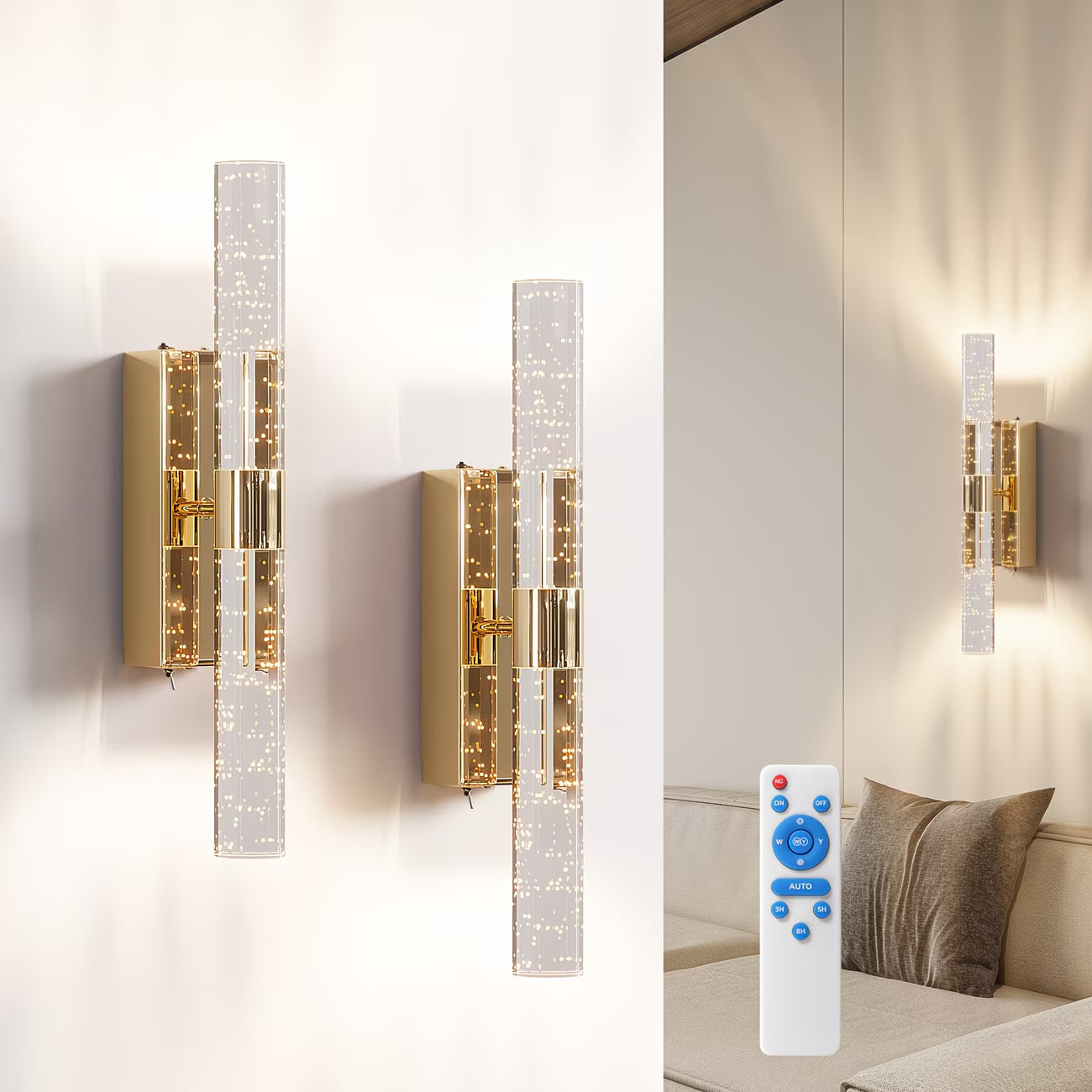 Modern wall sconces with a remote control on a neutral background