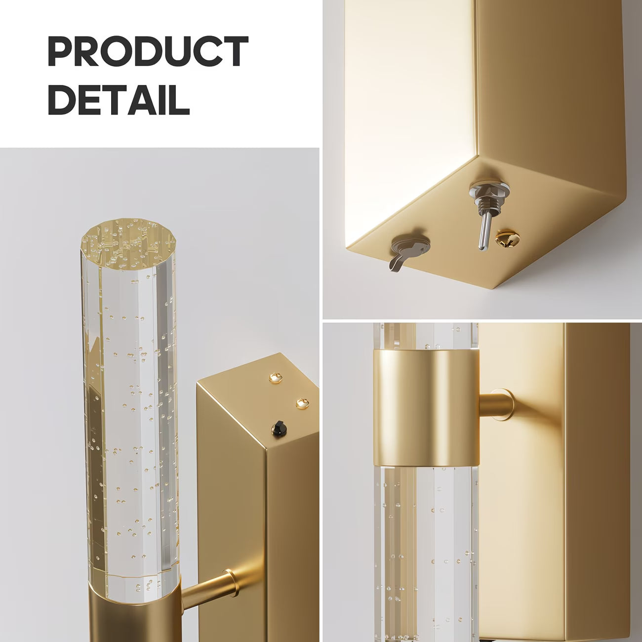 Gold wall sconce with clear glass shade on a white background