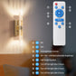 Wall-mounted light fixture with a remote control and feature labels on a neutral background.