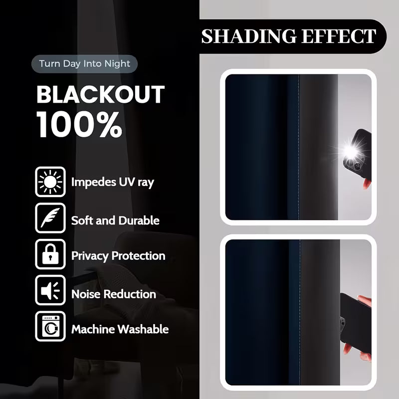 Blackout curtain with shading effect features, including UV ray impediment, softness, durability, privacy protection, noise reduction, and machine washability.