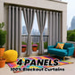Outdoor patio with gray curtains, blue sofa, and colorful rug with text '4 Panels 100% Blackout Curtains'.